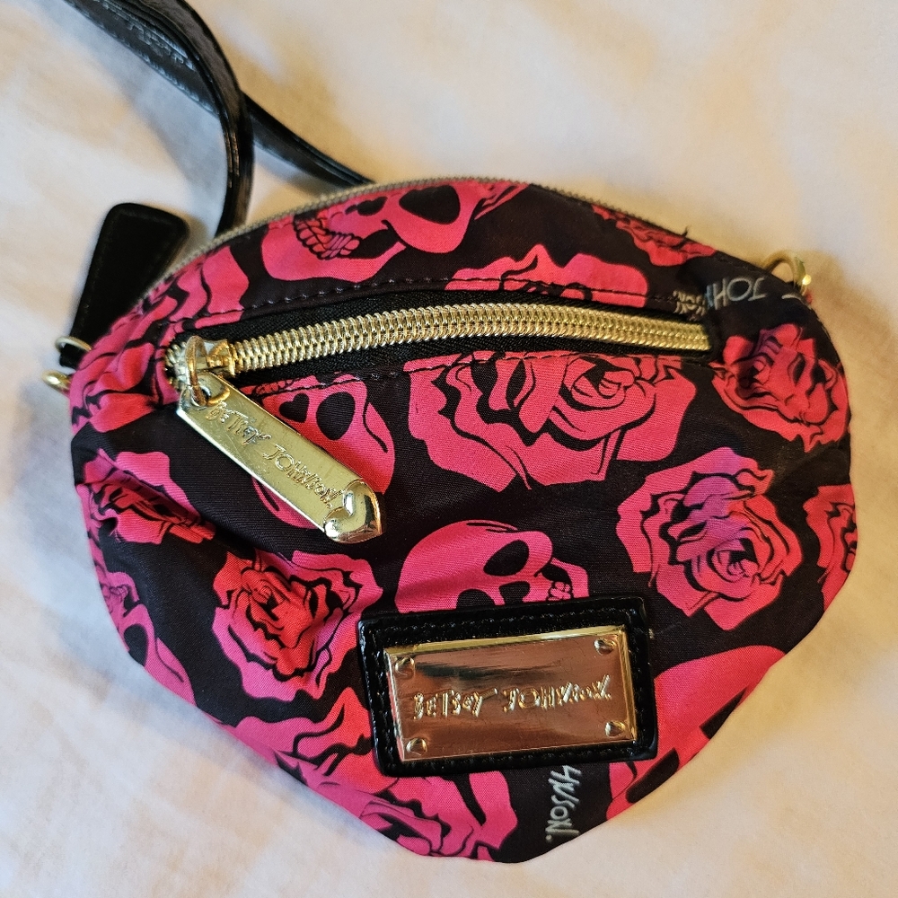 Betsey Johnson Hot Pink & Black Skull Pattern Small Crossbody Bag